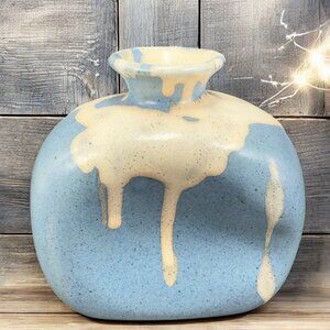 Short Neck Pinched Body 1970s Art Vase Blue Drip Ceramic Pottery Vessel Decor